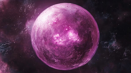 Fototapeta premium Fantastic metal cyber planet, vector fantasy comet, ski-fi or technical Ui game object. Galaxy meteor, pink space globe with metallic details on surface, isolated sphere in universe, alien world