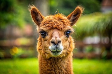 Obraz premium Brown Alpaca Zoo Portrait - Green Grass Background Stock Photo