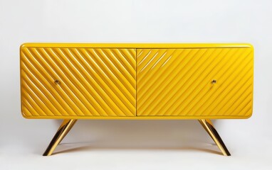 A vibrant yellow sideboard with diagonal stripe accents and gold metallic legs, on a pristine white backdrop