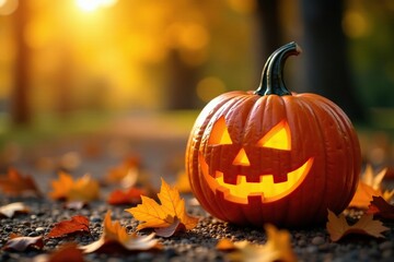 Warm autumn sunlight casts a golden glow on a carved pumpkin, holiday, decoration