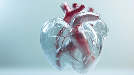 A glass heart anatomical illustration featuring detailed transparency and soft light enhancing the anatomical features