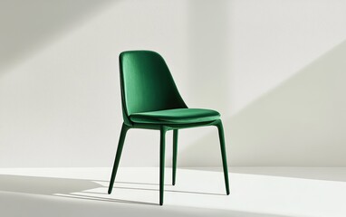 A vivid green dining chair with a minimalist frame and smooth upholstery, isolated on a white surface
