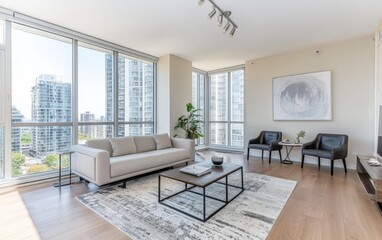 A modern, minimalistic furnished rental unit with large windows and neutral tones