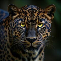 Obraz premium closeup of a leopard with yellow eyes looking directly at the camera in the jungle at night wildlife animal portrait big cat predator focus on eyes detailed fur beautiful f
