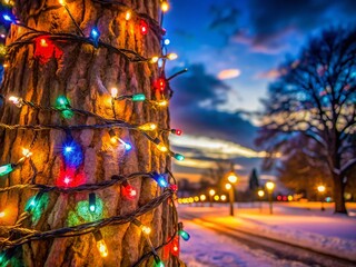 Buffalo NY Christmas Lights Night Photography - Close Up Tree Decor Shallow Depth of Field
