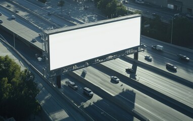 Obraz premium A mockup of a large advertising billboard at a highway intersection, with a blank spot for text, and cars passing by below