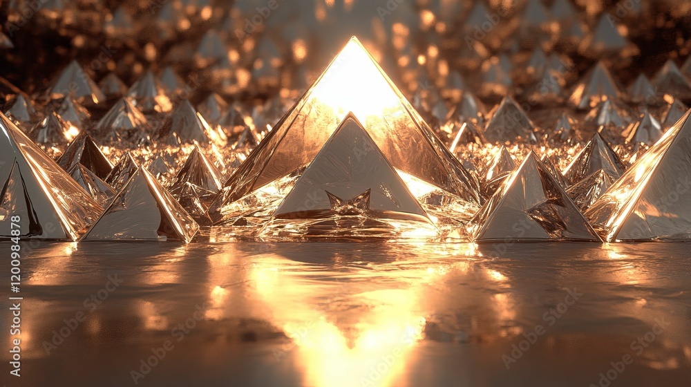 Aufkleber shining pyramids with intense reflections in an abstract space.