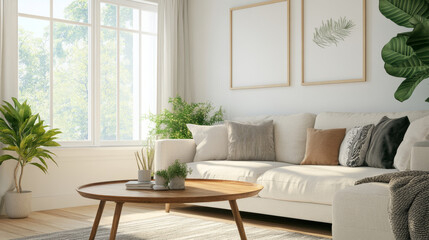 Modern living room with cozy sofa, decorative pillows, and wooden coffee table. Natural light streams through large windows, enhancing serene atmosphere
