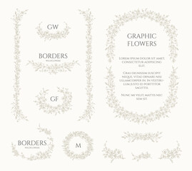 Graphic wildflowers. Сollection of frames, borders, monograms and corners.