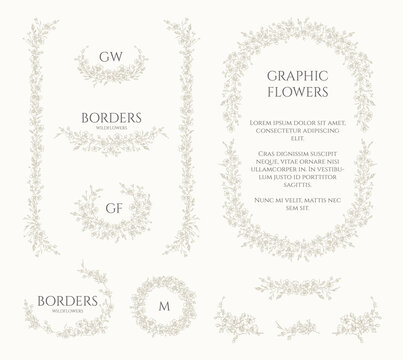 Graphic wildflowers. Сollection of frames, borders, monograms and corners.