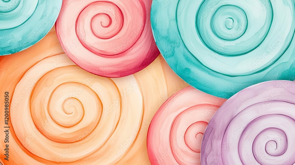 Poster playful watercolor concept. colorful spiral patterns in soft pastel tones create a vibrant abstract 