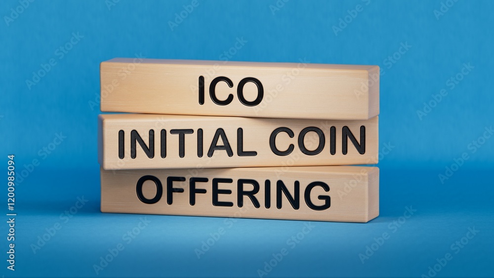 Poster letters of the alphabet of ico on wooden cubes. ico - short for initial coin offering. wooden cube b