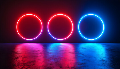Neon circles glow, dark room, reflective floor, vibrant background, design