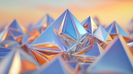 Reflective pyramids rise against an orange-tinted background.