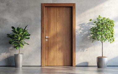 A modern wooden front door with simple metallic handles, against a light gray wall background
