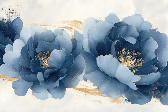 A modern floral border featuring bold blue peony petals and a minimal golden line for a chic, clean look.