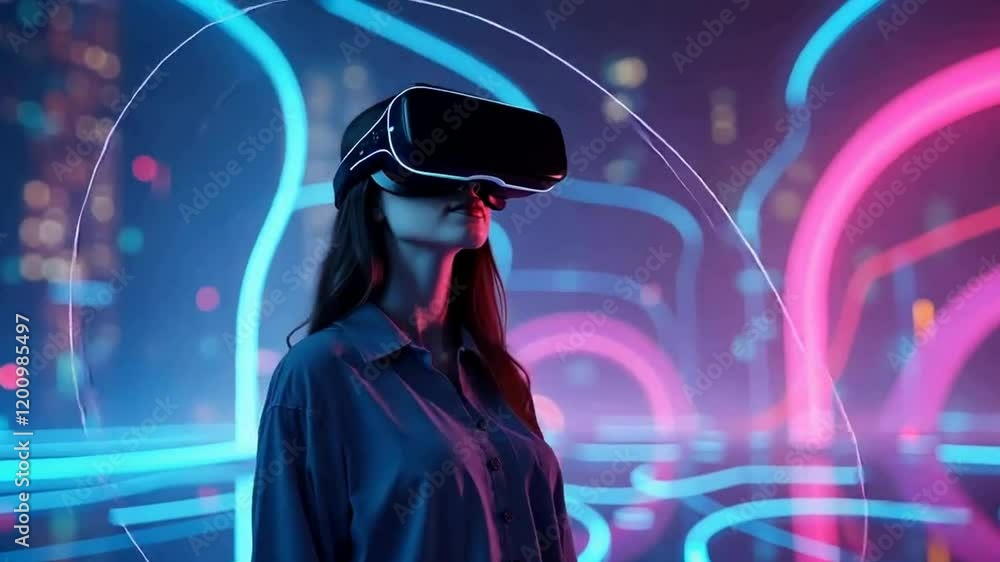 Aufkleber the woman is wearing a virtual reality headset. it stands against a backdrop of bright and colorful 