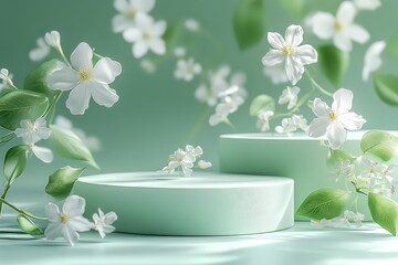 A modern nature-themed 3D podium featuring pastel greens and white flowers for feminine product advertisements.