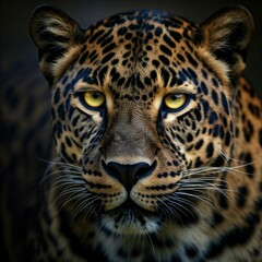 Obraz premium close up of a wild leopard with yellow eyes looking directly at the camera in the jungle