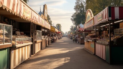 Empty market stalls line a sunlit pathway, showcasing diverse goods.