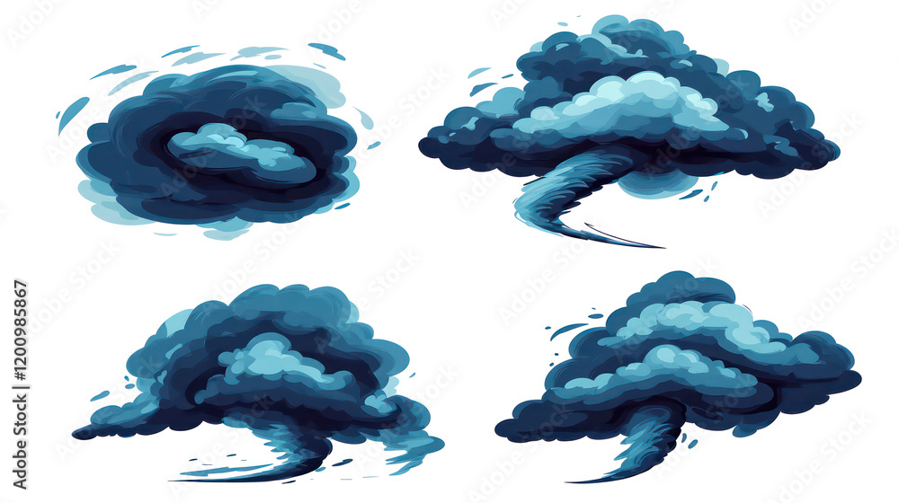 Aufkleber realistic tornadoes with dark clouds in various views generative ai