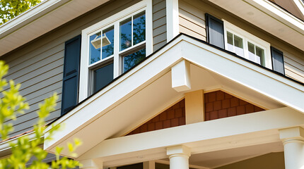 Elegant Home Exterior: Modern Architectural Design, Grey Siding, White Trim, and a Charming Porch. Perfect for real estate listings and home design inspiration.