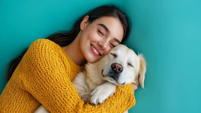Young woman hugging her golden retriever dog on turquoise background