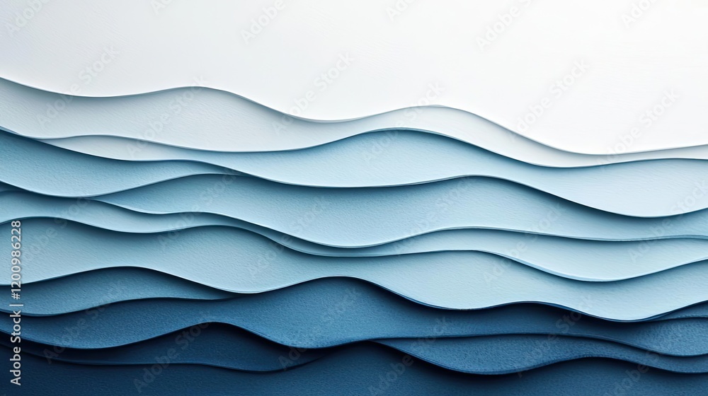 Poster Minimalist watercolor idea. Abstract layered waves in shades of blue create a serene and calming background design.