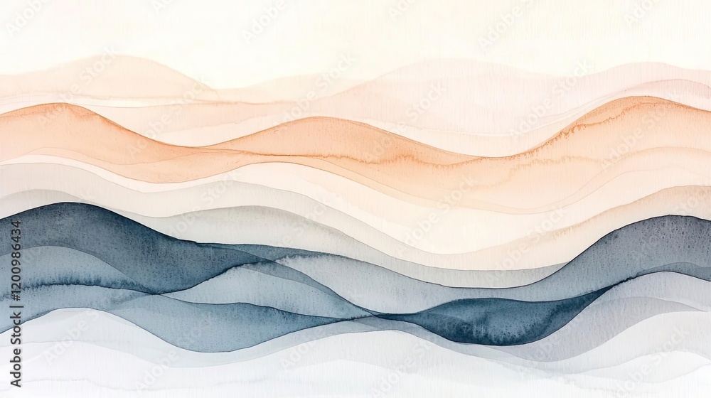 Poster Neutral watercolor concept. Abstract watercolor waves in soft tones create a serene and modern visual atmosphere.