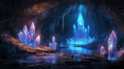 A mysterious cave with glowing crystals and a small underground lake