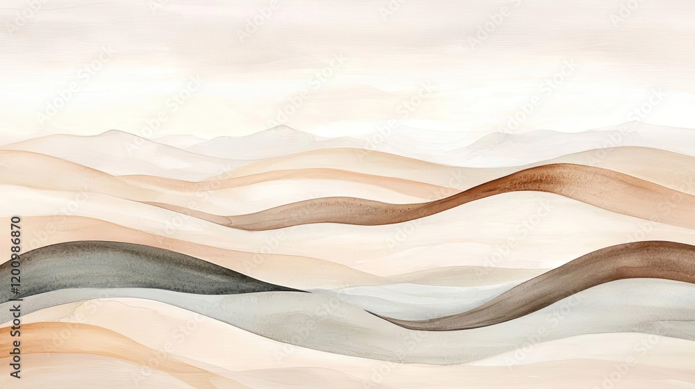 Aufkleber Neutral watercolor concept. Abstract landscape with soft waves in neutral colors, creating a serene and calming effect.
