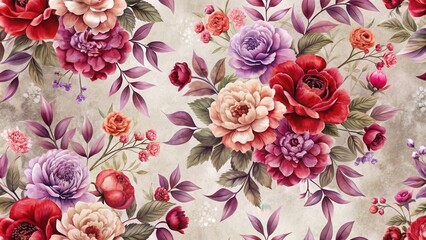 Elegant Watercolor Floral Pattern with Deep Hues and Lush Foliage