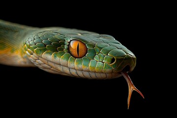 Fototapeta premium Close-up of a green snake, highly detailed, on a black background