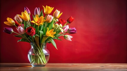 Vibrant Spring Bouquet of Tulips in a Clear Glass Vase on Wooden Surface Against a Red Background