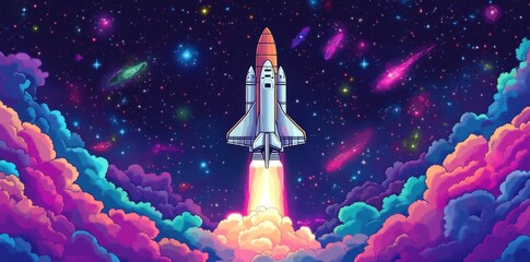 Naklejka premium Spacecraft Ascending Through Colorful Cosmic Clouds