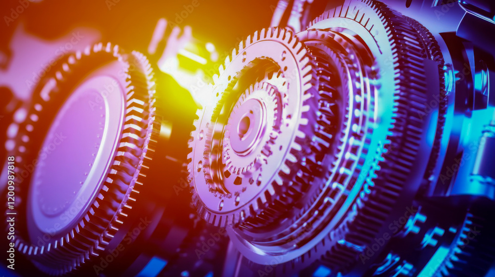 Aufkleber close-up view of interlocking gears showcasing intricate mechanical design illuminated by vibrant co