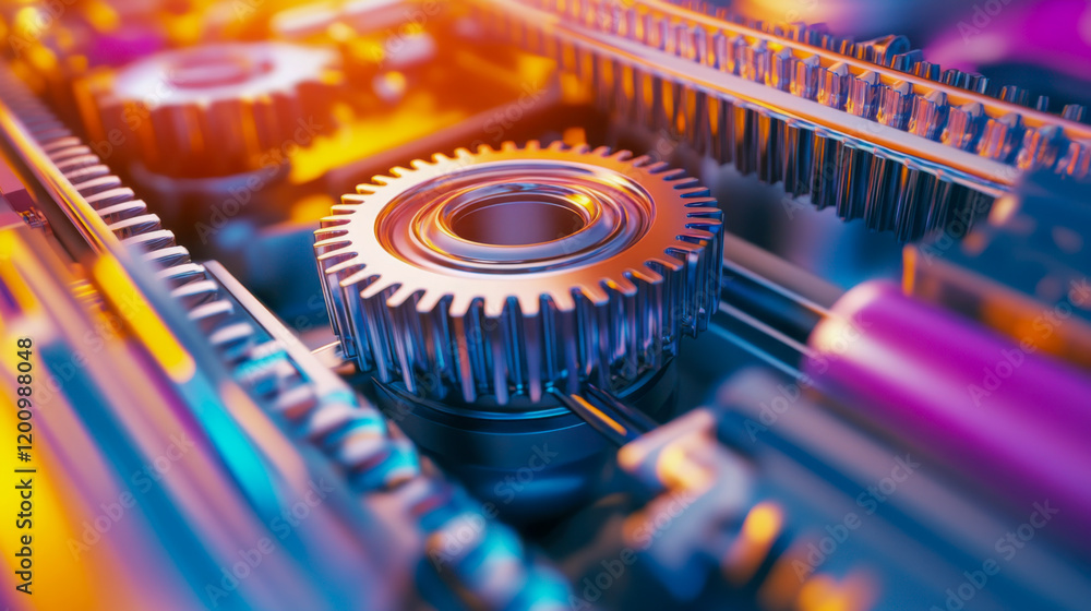 Poster close-up view of interconnected gears showcasing intricate mechanics in a colorful industrial settin