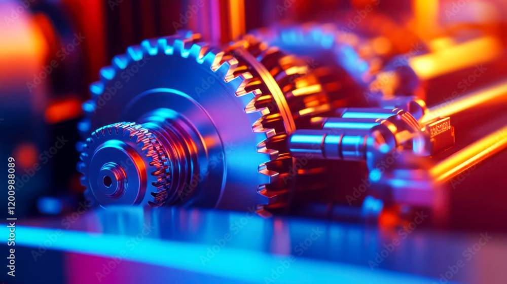 Poster close-up of illuminated gears and machinery showcasing intricate engineering at a workshop in vibran