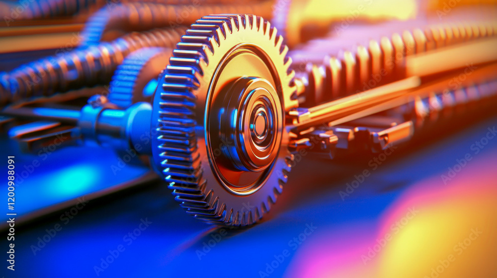 Poster metallic gears and tools arranged in an abstract design showcasing intricate details and vibrant col