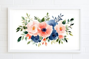 A modern watercolor illustration of floral bouquets with blush pink and blue tones, accented with bright green leaves.