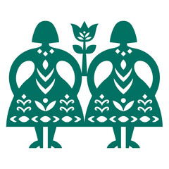 Polish folk art vector pattern with women couple and flower - Kurpiowskie Leluje Wycinanki - Kurpie paper cut outs design in green