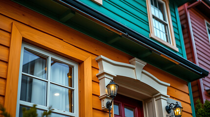 Obraz premium Charming Colorful Houses: A Delightful Architectural View. Teal, Orange, and Red hues create a vibrant streetscape. Classic design, inviting entryways, and warm lighting add to the appeal.