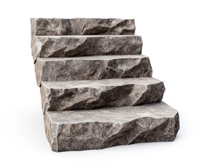 Rough-hewn stone staircase, five steps, isolated on white.