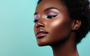 Fototapeta premium A radiant woman with soft lavender eyeshadow, rosy blush, and shimmering gloss, set against a pastel mint backdrop