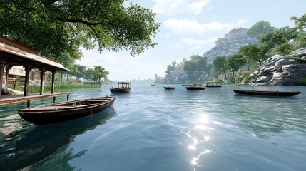 Naklejka premium Peaceful River Scene with Boats