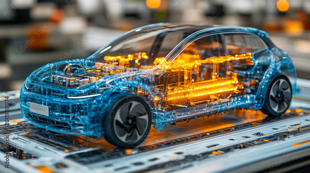 Poster transparent model of an electric vehicle showcasing its intricate inner workings and advanced techno