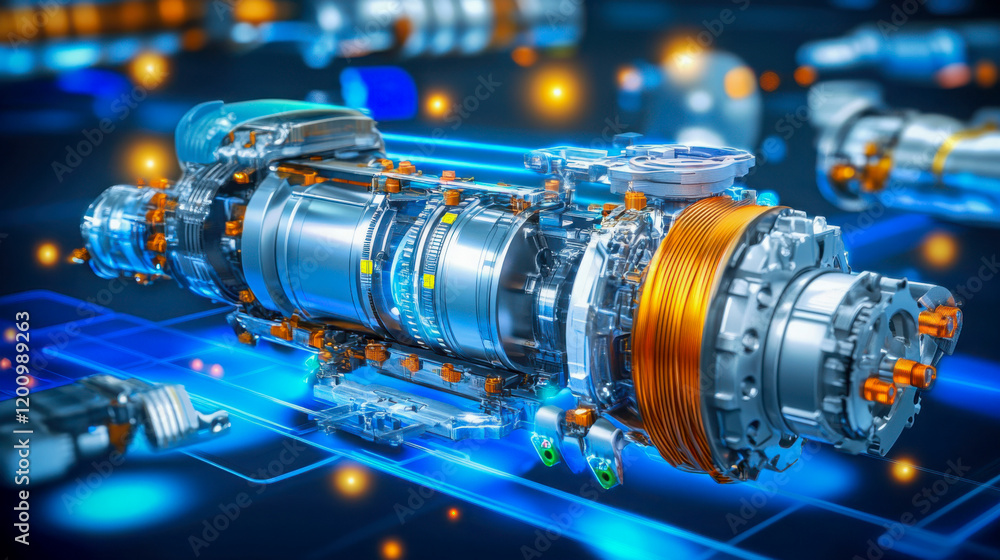 Aufkleber high-tech turbine engine design showcased in a futuristic digital environment with glowing component