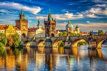 Fototapeta premium Charles Bridge Prague Sunny Day, High-Resolution Stock Photo