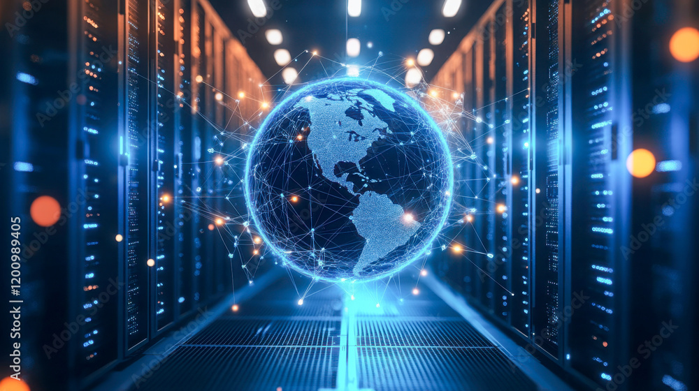 Poster digital globe illuminated in a data center showcasing global connectivity and technological advancem