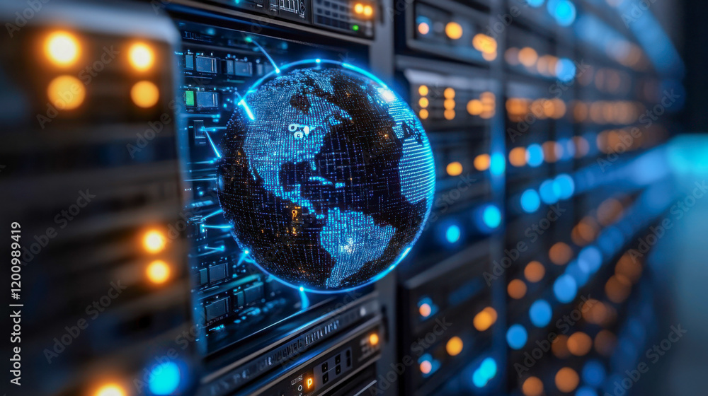 Poster global connectivity through data servers highlights advancements in technology and communication on 